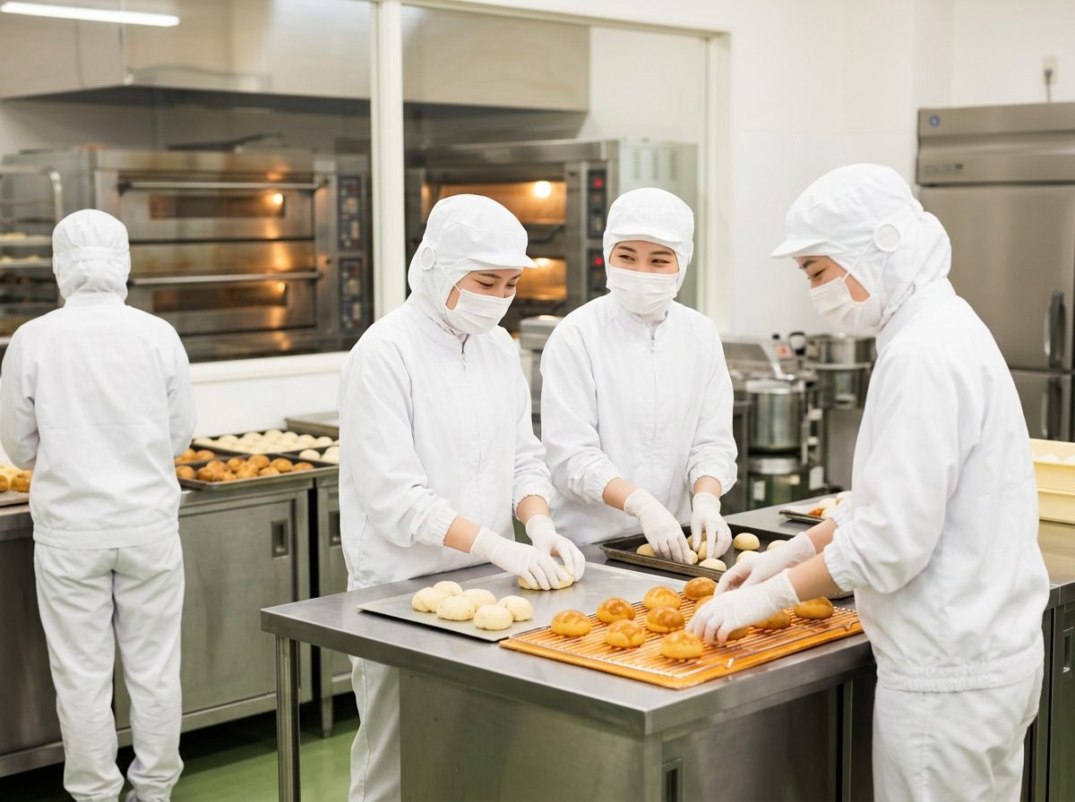 食品工場でスイーツを製造する作業のイメージ（白衣・帽子・マスク着用で成型作業）