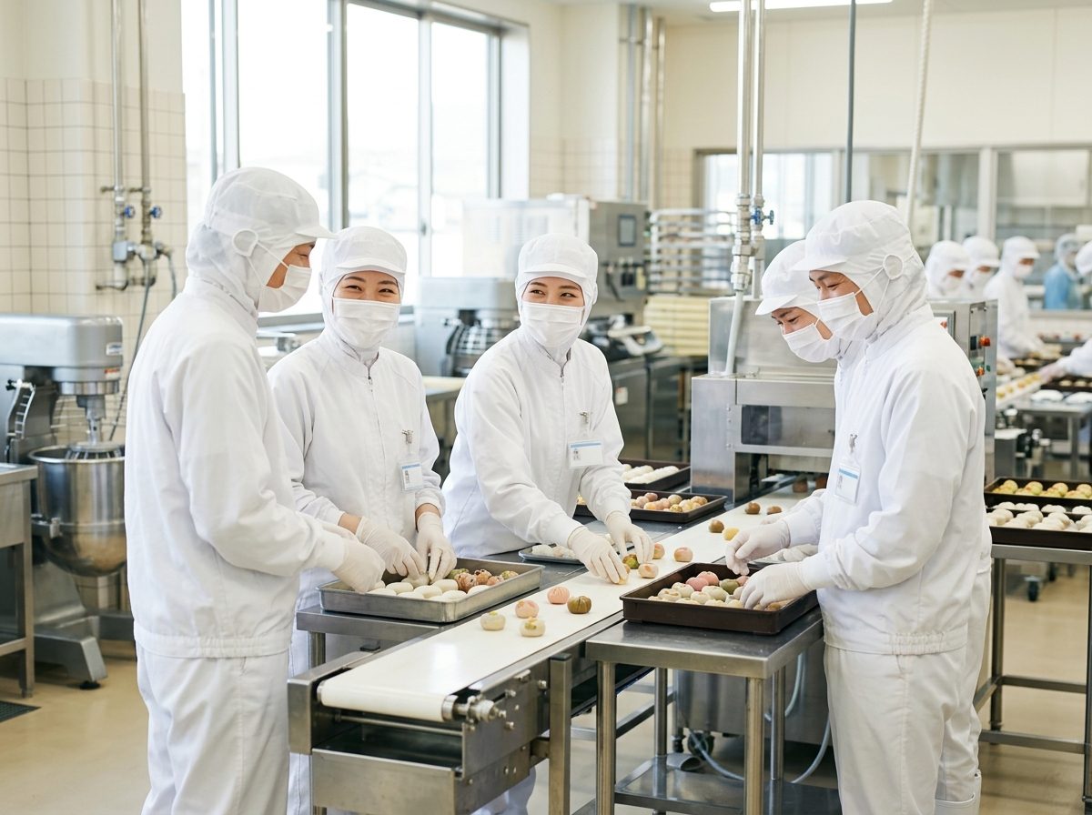 食品工場の製造ラインで検品・箱詰めをする作業のイメージ